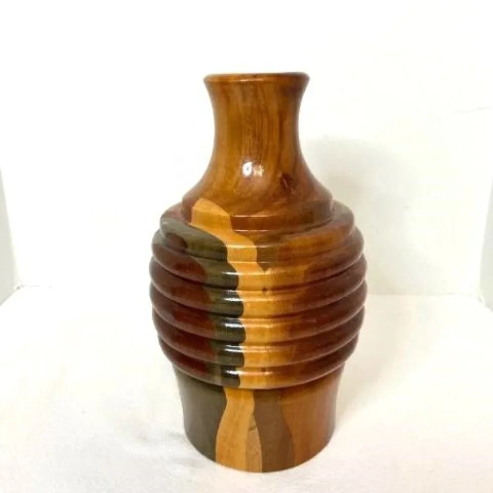 Wood Vase Handcrafted Jamaica Segmented Browns‎ Greens Neutral Signed 2006 10
